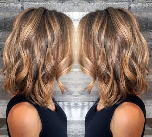 Brown Lob With Caramel Highlights