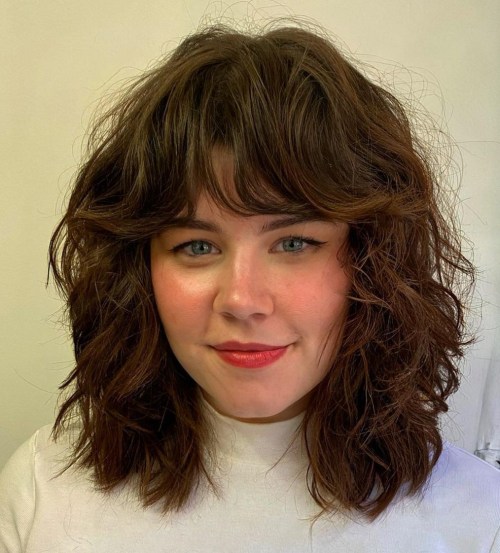 Collarbone Haircut with Bangs for Loose Curls