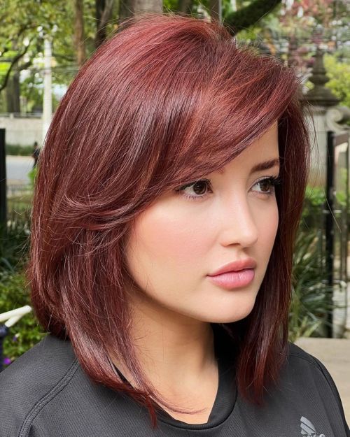 Dark Red Straight Lob with Side Bangs and Layers
