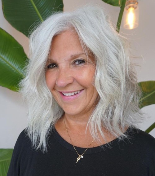 Long Wavy Bob for Older Women with White Hair