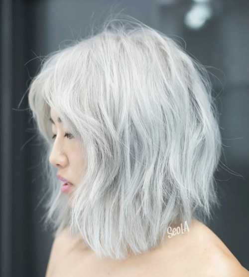 White Blonde Messy Shoulder Length Bob with Curtain Bangs