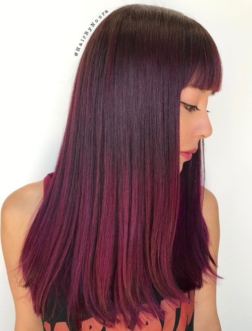 Long Burgundy Ombre Hair With Bangs
