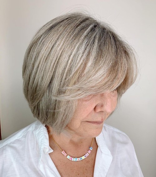 Low Maintenance Rounded Bob with Feathered Bangs for Women over 50