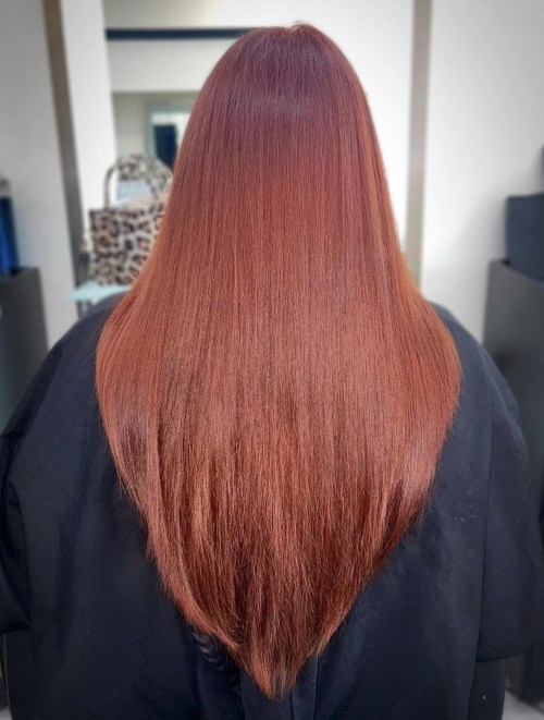 V Cut Layers on Long Red Brown Hair
