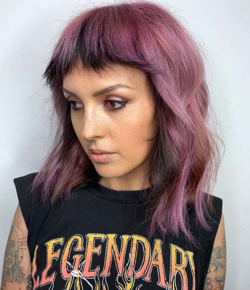 Brown and Purple Hairstyle with Baby Bangs