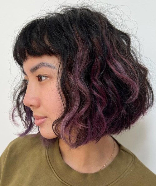 Curly Lob with Short Bangs and Violet Highlights