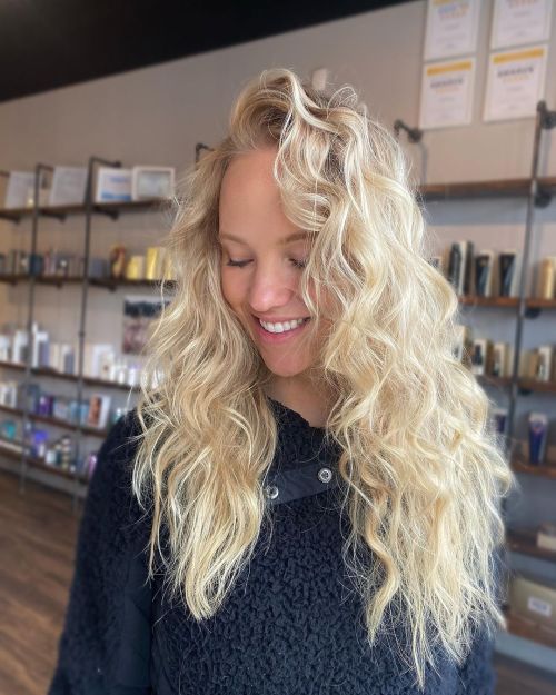 Long Blonde Hair with Deep Side Part