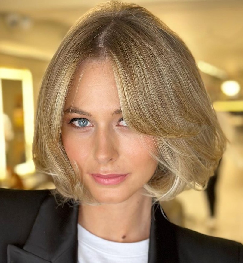 Dark Blonde Bob with Rounded Ends and Curtain Bangs
