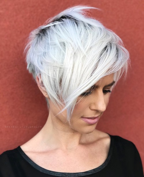 Edgy Silver Pixie With Long Bangs