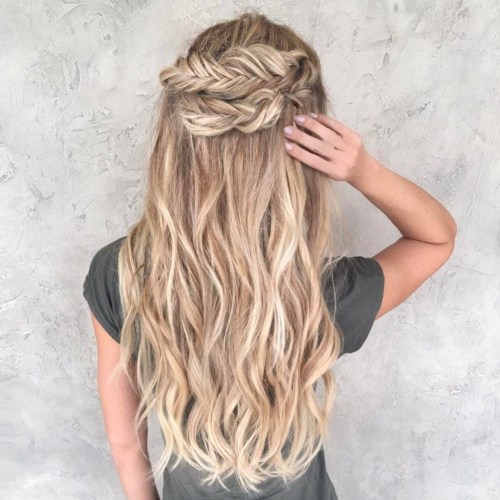 half updo with fishtail crown