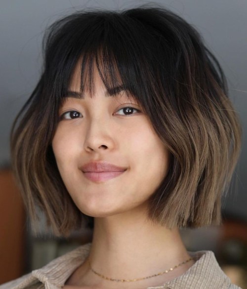 Medium Blunt Bob with Wispy Fringe and Ombre