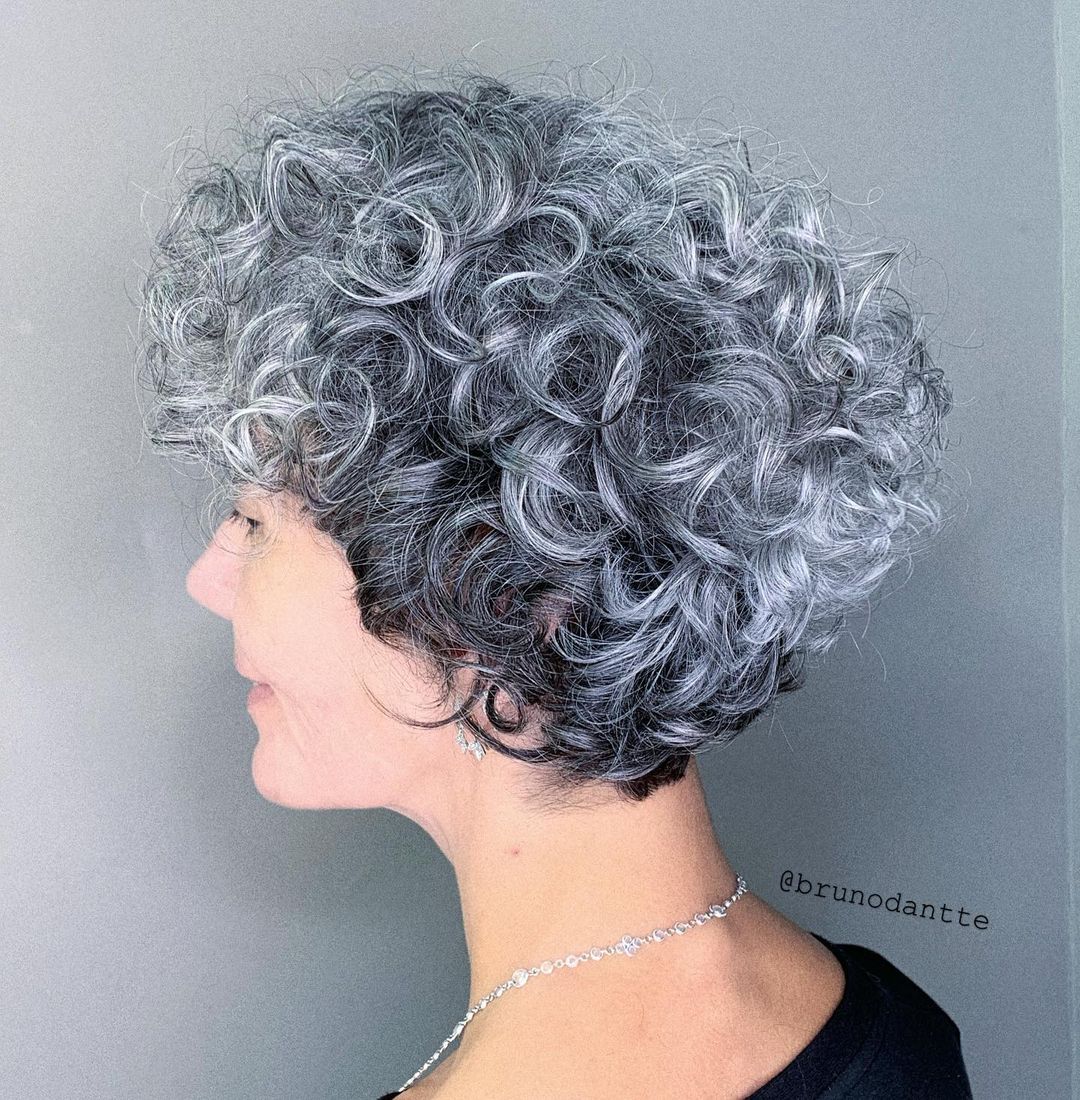 Short Gray Curly Hair with Much Root Volume