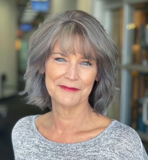 Shoulder Length Gray Hairstyle with Bangs
