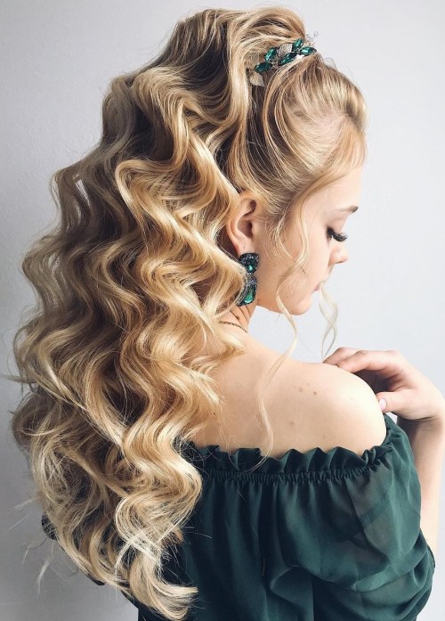 Long Curled Hair in a Fake Long Ponytail Updo