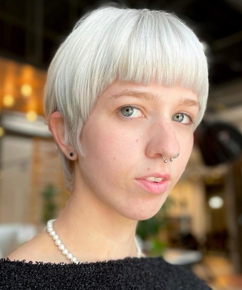 White Blonde Face Framing Pixie with Blunt Fringe
