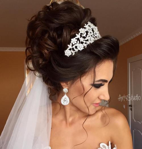 Curly Wedding Updo With Tiara And Veil