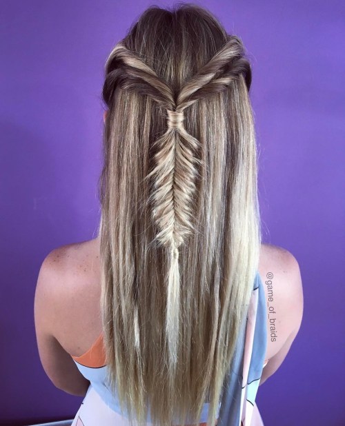 Half Updo With Fishtail Braid For Long Hair