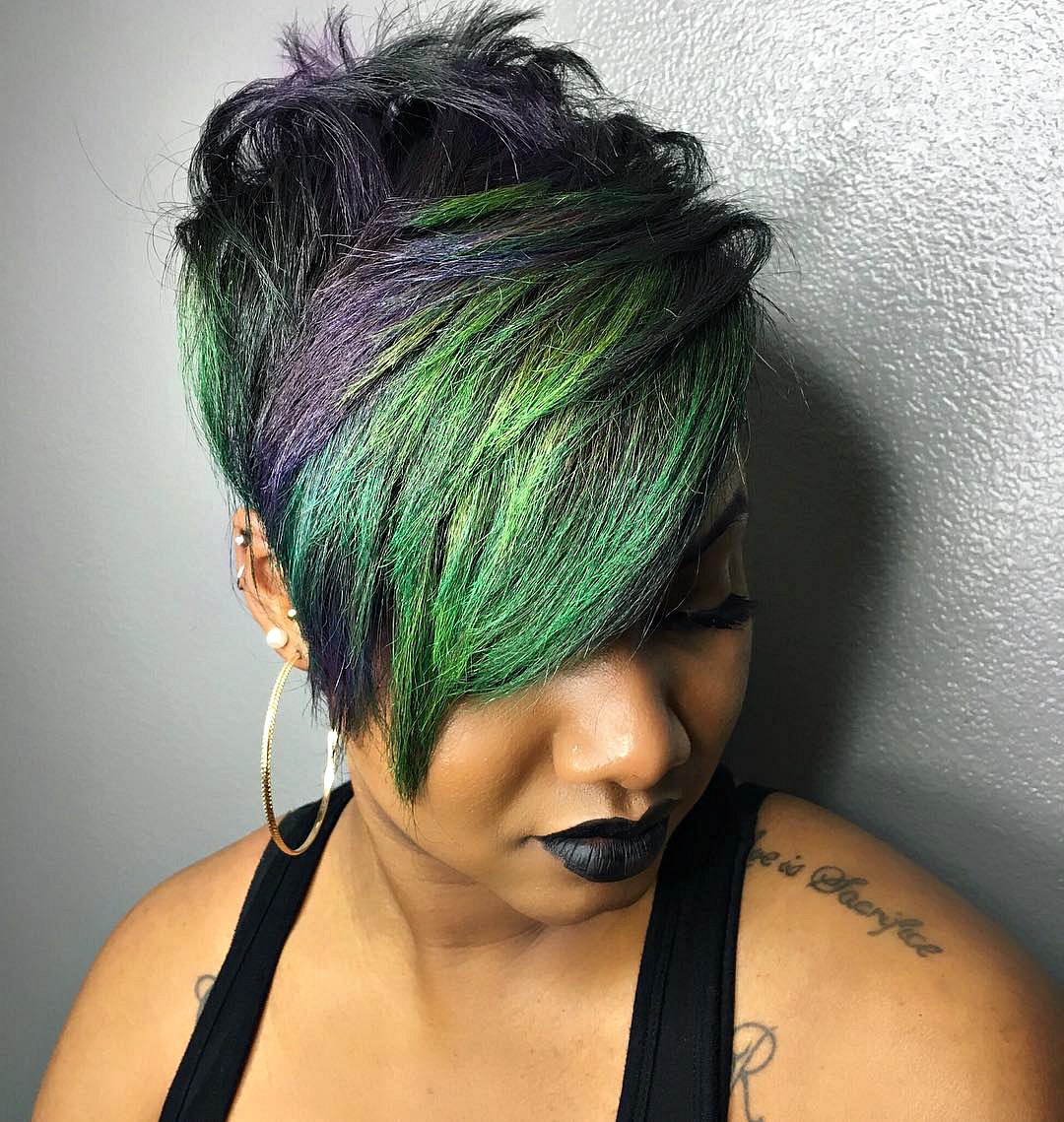Black Pixie With Green And Purple Bangs
