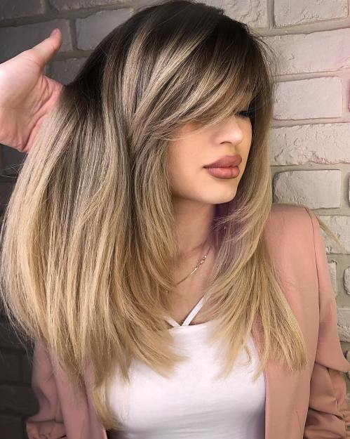 Long Layered Hair with Side Swept Bangs