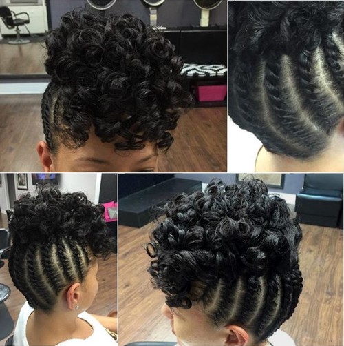 braided updo with a curly top for black hair