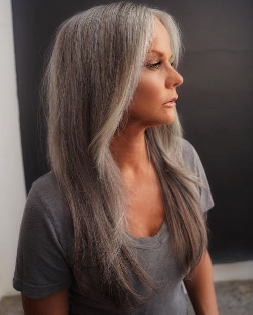 Long Low Maintenance Gray Hairstyle for Over 50