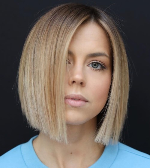 Mid Length Blunt Bob With Off-Centre Part
