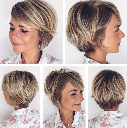 Pixie Bob With Side Bangs And Blonde Highlights