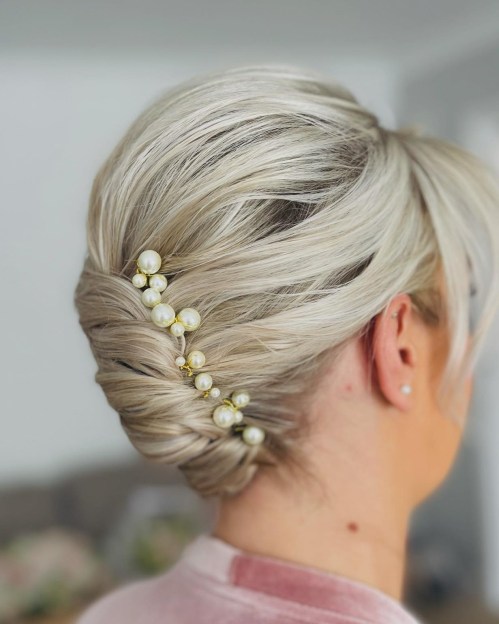Short Hair French Roll with Pearl Pins