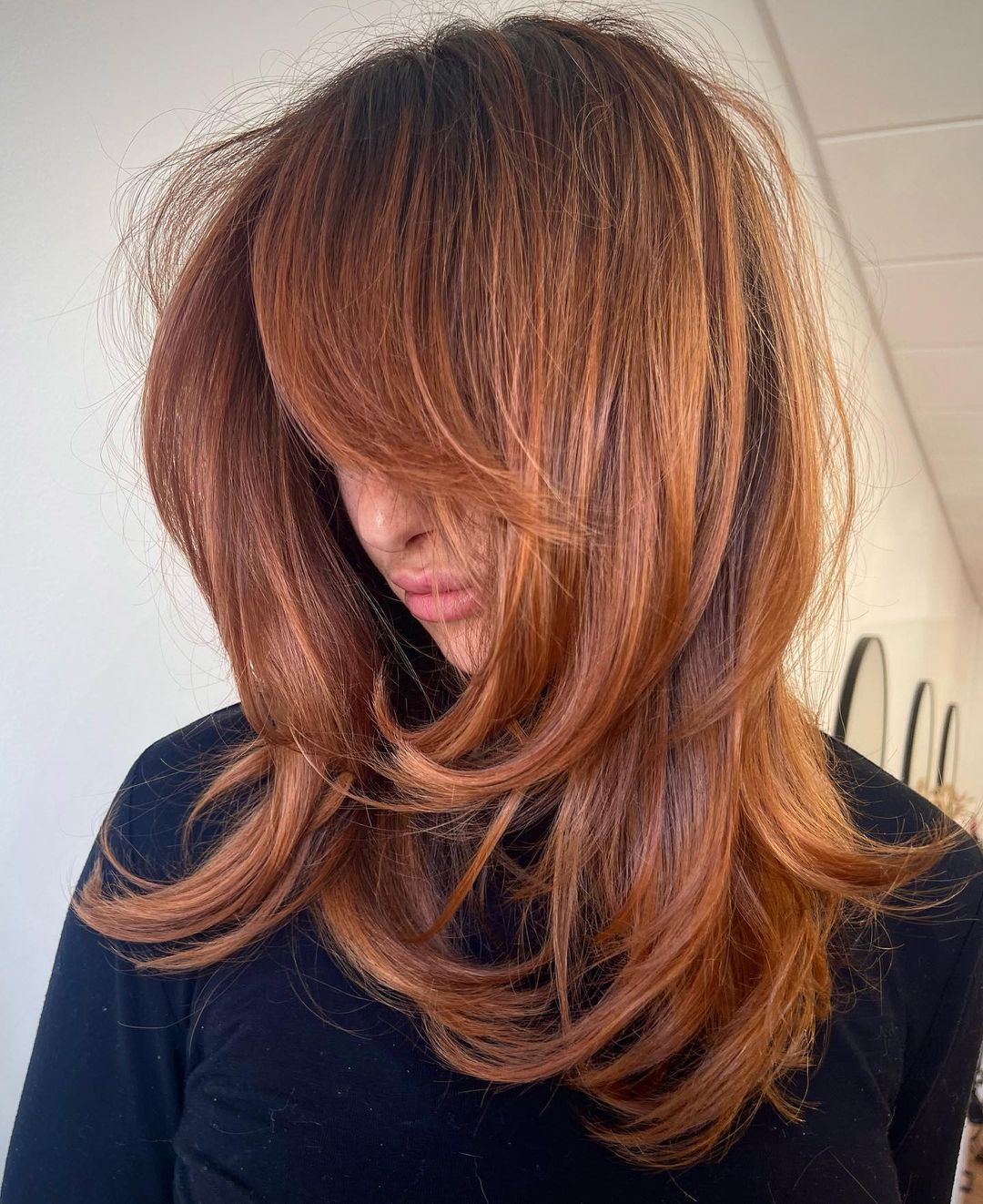 Medium Copper Hair with Layers and Bangs