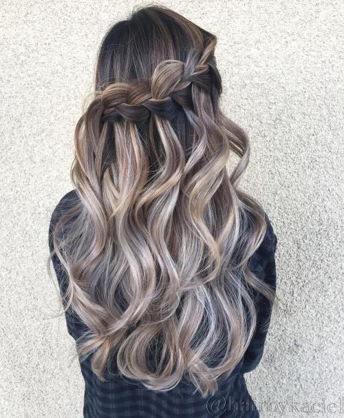 Wavy Hairstyle With Half Up Waterfall Braid
