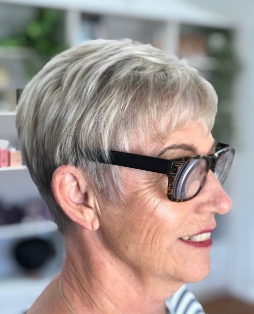 Neat Layered Gray Pixie for Older Women